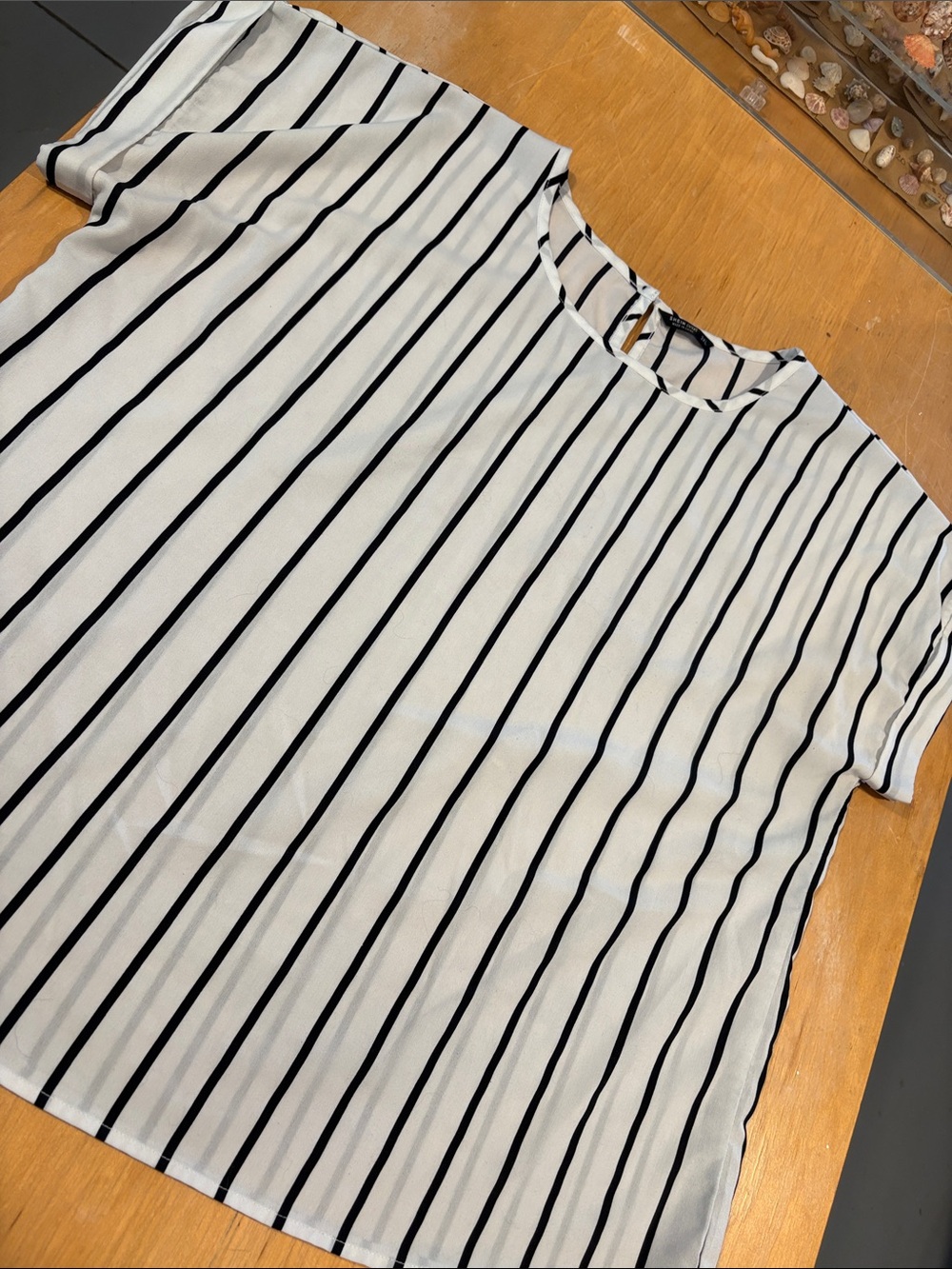 SHEIN White and Black Vertical Stripe Short Sleeve Blouse